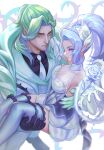 1boy 1girl aqua_cape aqua_eyes aqua_hair bare_shoulders black_gloves black_shirt breasts cape carrying carrying_person closed_mouth collared_shirt crystal_rose_swain crystal_rose_zyra dress eyeshadow flower gloves highres imone_illust jacket league_of_legends long_hair looking_at_viewer makeup medium_breasts necktie official_alternate_costume pants purple_eyes purple_hair rose shirt swain_(league_of_legends) thighhighs white_dress white_flower white_gloves white_jacket white_pants white_rose zyra 