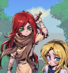  2girls :/ bandaged_arm bandages blonde_hair blush brown_hairband brown_scarf day green_eyes hairband holding holding_weapon katarina_(league_of_legends) league_of_legends long_hair long_sleeves looking_at_another looking_at_viewer lux_(league_of_legends) multiple_girls outdoors phantom_ix_row puckered_lips red_hair scar scar_across_eye scarf short_sleeves tree weapon weapon_on_back 