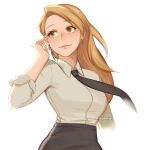  1girl absurdres aiphelix black_necktie blonde_hair blush breasts earrings fullmetal_alchemist highres jewelry large_breasts long_hair long_sleeves looking_to_the_side necktie riza_hawkeye shirt simple_background upper_body white_background white_shirt yellow_eyes 