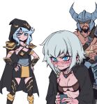  1boy 2girls ashe_(league_of_legends) beard black_cape black_dress blue_eyes blush breasts cape collarbone dress facial_hair fake_horns feet_out_of_frame grey_hair hands_on_own_hips helmet holding hood hooded_cape horned_helmet horns league_of_legends medium_breasts medium_hair multiple_girls muscular muscular_male orange_dress phantom_ix_row sejuani sick simple_background small_breasts standing tryndamere white_background 