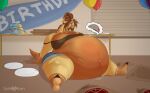  absurd_res anthro banner big_breasts birthday birthday_cake bloated bottomwear breasts brown_hair cake clothing dessert digestion digestion_noises digital_media_(artwork) female food fuel_gauge furniture giraffe giraffid hair hi_res huge_belly ill indigestion long_neck mammal meter motion_lines on_ground overeating pizza_box plate rumbling_stomach shirt shorts sitting solo squean stuffing table takarachan tank_top thick_calves thick_thighs topwear 