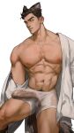  1boy abs animal_ears bara bare_pectorals black_hair bulge dog_boy dog_ears dog_tail erection erection_under_clothes highres large_pectorals male_focus male_underwear muscular muscular_male nanyu1998 navel nipples open_clothes original pectorals see-through shirt short_hair solo tail underwear white_male_underwear white_shirt 