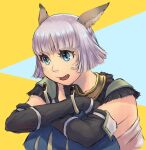  1girl animal_ears avatar_(ff11) black_gloves blue_eyes blunt_bangs cactus41747280 cat_ears cat_girl crab crossed_arms elbow_gloves eyelashes facial_mark fang final_fantasy final_fantasy_xi gloves grey_hair highres mithra_(ff11) open_mouth parted_bangs short_hair smile solo whisker_markings yellow_pupils 