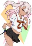  19_chisinlo 1girl absurdres black_skirt breasts chloe_von_einzbern collared_shirt dark-skinned_female dark_skin fate/kaleid_liner_prisma_illya fate_(series) hair_between_eyes highres homurahara_academy_school_uniform long_hair looking_at_viewer midriff navel neck_ribbon one_side_up orange_eyes pink_hair pleated_skirt puffy_short_sleeves puffy_sleeves red_ribbon ribbon sailor_collar school_uniform shirt short_sleeves sidelocks skirt small_breasts smile solo thighs white_sailor_collar white_shirt 