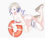  1girl bare_arms bare_legs bare_shoulders bikini blonde_hair blue_eyes blush closed_mouth feet full_body innertube jean_bart_(kancolle) kantai_collection legs nagisa_nagi sandals short_hair simple_background solo swimsuit toes twitter_username white_background white_bikini 