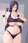  1girl alternate_costume bare_shoulders bikini black_bikini black_sports_bra blurry blurry_background breasts coupon cowboy_shot curvy fate/grand_order fate_(series) finger_to_mouth groin hands_up heavy_breathing highres holding huge_breasts kuavera long_hair looking_at_viewer minamoto_no_raikou_(fate) navel parted_bangs parted_lips purple_eyes purple_hair seductive_smile shushing skindentation smile solo sports_bikini sports_bra stomach swimsuit thick_thighs thighs translated underboob very_long_hair 