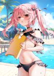  1girl bikini bikini_pull black_bikini black_choker blurry blurry_background blush bodyboard bow breasts chihiro_(khorosho) choker clothes_lift clothes_pull hair_bow hair_ornament hairclip holding lifted_by_self long_hair looking_at_viewer navel original outdoors palm_tree pink_hair poolside red_eyes small_breasts solo swimsuit tree twintails 