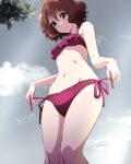  1girl bikini blush breasts brown_hair closed_mouth cloud frilled_bikini frills from_below frown green_eyes groin hair_between_eyes hibike!_euphonium highres knees muted_color navel nii_manabu oumae_kumiko outdoors red_bikini short_hair side-tie_bikini_bottom sky small_breasts smile solo swimsuit thighs tree wavy_hair wavy_mouth 