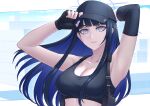  1girl armpits arms_up bare_shoulders baseball_cap black_gloves black_headwear blue_archive blue_eyes blue_hair blunt_bangs breasts cleavage collarbone commentary crop_top fingerless_gloves gloves hat highres large_breasts long_hair looking_at_viewer midriff saori_(blue_archive) solo sports_bra sthreep upper_body very_long_hair 