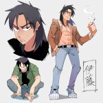  1boy abs barefoot belt black_belt black_eyes black_hair black_shirt blue_footwear bomber_jacket brown_jacket cigarette closed_mouth commentary_request denim full_body green_shirt grey_background grin hand_in_pocket highres holding holding_cigarette indian_style inudori itou_kaiji jacket jeans kaiji long_hair long_sleeves looking_at_viewer male_focus medium_bangs multiple_views navel no_shirt open_clothes open_shirt pants parted_bangs pointy_nose scar scar_on_cheek scar_on_face shirt shoes simple_background sitting smile smoke smoking sneakers standing undershirt v-shaped_eyebrows 