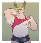  2023 absurd_res anthro antlers armpit_tuft bodily_fluids body_hair bottomwear clothed clothing clothing_lift colored deer digital_media_(artwork) fur green_hair hair half-length_portrait happy_trail hi_res horn hotpants male mammal musclegut musk musk_clouds musky_armpit nipples one_eye_closed portrait raised_clothing raised_shirt raised_tank_top raised_topwear ramitas shirt shirt_lift shorts simple_background solo sweat tan_body tan_fur tank_top topwear wink 