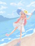  1girl :d bare_legs beach bikini bikini_under_clothes braid brown_eyes colored_inner_hair commentary cross cross_necklace day dress flip-flops flower full_body grey_hair gustavo_schuler hand_on_headwear hat hat_flower jewelry long_hair looking_at_viewer multicolored_hair necklace onii-chan_wa_oshimai! open_mouth outdoors oyama_mahiro pink_hair sandals see-through side_braid single_braid smile solo strapless strapless_dress sun_hat sundress swimsuit two-tone_hair very_long_hair water white_dress 