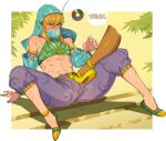  1boy 1girl abs anklet arabian_clothes arm_support armlet bare_shoulders blonde_hair blue_eyes blush bulge commentary covered_penis crossdressing dark-skinned_female dark_skin detached_sleeves disembodied_limb english_text erection erection_under_clothes femdom full_body gameplay_mechanics gerudo gerudo_set_(zelda) green_footwear halterneck hand_up harem_pants hetero high_heels interracial jewelry kukumomo leaf link long_hair looking_at_another looking_down male_focus midriff motion_lines mouth_veil navel official_alternate_costume paid_reward_available pants penis purple_pants scar scar_on_chest scar_on_leg shiny_skin shoejob sidelocks sitting solo_focus speech_bubble spread_legs stepped_on surprised testicles the_legend_of_zelda the_legend_of_zelda:_breath_of_the_wild toned toned_male veil 