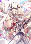  2girls absurdres armor armored_boots armored_dress blonde_hair blue_eyes blush boots breast_curtains breasts chain collar dress fate/apocrypha fate/grand_order fate_(series) faulds flag fur-trimmed_legwear fur_trim gauntlets gloves headpiece highres jeanne_d&#039;arc_(fate) jeanne_d&#039;arc_(ruler)_(fate) large_breasts large_hat long_hair looking_at_viewer marie_antoinette_(fate) medium_breasts metal_collar multiple_girls no-kan open_mouth petals plackart polearm short_dress sidelocks sleeveless sleeveless_dress smile sword thigh_boots thighhighs thighs twintails very_long_hair weapon white_dress white_footwear white_hair white_headwear 