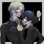  2boys black_background black_hair blue_eyes blue_hair blue_lock border closed_mouth collar grey_border isagi_yoichi looking_at_viewer male_focus medium_hair metal_collar michael_kaiser middle_finger multicolored_hair multiple_boys muzzle open_mouth shirt tabizou thumbs_down tight tight_shirt unhappy white_hair 