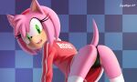  2023 amy_rose anthro artist_name black_nose butt checkered_background clothing devo87 digital_media_(artwork) eulipotyphlan eyelashes female green_eyes hedgehog legwear looking_at_viewer mammal open_mouth pattern_background pink_body sega simple_background solo sonic_the_hedgehog_(series) 