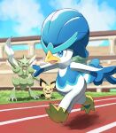  absurdres blue_eyes breath cloud commentary_request day grass highres jira_(ziraiya26) open_mouth outdoors pichu pokemon pokemon_(creature) quaxwell running scyther sky standing 