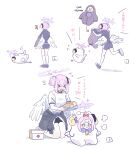  &gt;_&lt; 2girls :&lt; =3 ^^^ absurdres angry animal_costume bandaid bandaid_on_face bandaid_on_forehead blue_archive cake commentary dual_persona ekoru facing_away fallen_down feathered_wings first_aid_kit flying_sweatdrops food halo highres horns jacket kneeling mika_(blue_archive) multiple_girls pink_hair running sheep_costume sheep_horns swiss_roll track_jacket white_wings wings 