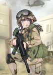  1girl aircraft artist_name assault_rifle blue_eyes browning_m2 camouflage combat_helmet desert desert_camouflage gun heavy_machine_gun helicopter helmet highres humvee jacket jungle_style long_hair m16 m16a2 machine_gun motor_vehicle open_mouth original pants purple_hair rifle savankov solo uh-60_blackhawk united_states_army weapon yellow_jacket yellow_pants 