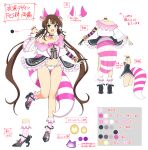  1girl alice_in_wonderland animal_ears animal_hands ass blue_eyes blush bow bridal_gauntlets brown_hair cat_ears cat_girl cat_paws cat_tail cheshire_cat_(alice_in_wonderland) cheshire_cat_(alice_in_wonderland)_(cosplay) color_guide concept_art cosplay green_eyes hair_ribbon heterochromia high_heels highres long_hair looking_at_viewer low_twintails navel official_alternate_costume official_art open_mouth panties paw_pose reference_sheet ribbon ryoubi_(senran_kagura) senran_kagura senran_kagura_new_link senran_kagura_shinovi_versus simple_background smile socks solo striped striped_socks tail translation_request twintails underwear very_long_hair yaegashi_nan 