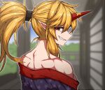  1girl alternate_hairstyle black_kimono blonde_hair formicid grin horns hoshiguma_yuugi japanese_clothes kimono long_hair pointy_ears ponytail profile red_eyes red_horns sharp_teeth single_horn smile solo star_(symbol) star_print teeth touhou 