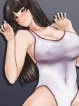  1girl black_hair blunt_bangs blush breasts covered_nipples girls_und_panzer grey_background highres large_breasts long_hair mature_female nipples nishizumi_shiho one-piece_swimsuit paid_reward_available simple_background swimsuit white_one-piece_swimsuit yoyokkun 