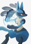  closed_mouth commentary_request energy_ball frown highres looking_to_the_side lucario momota_pix pokemon pokemon_(creature) red_eyes solo spikes white_background yellow_fur 