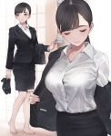  1girl absurdres barefoot black_eyes black_footwear black_hair black_skirt blush breasts closed_mouth collared_shirt commentary_request formal highres holding holding_shoes koh_(minagi_kou) large_breasts looking_to_the_side multiple_views office_lady original parted_bangs shirt shoes short_hair skirt skirt_suit standing suit undressing white_shirt 