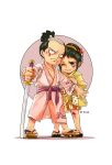  1boy 1girl artist_name black_hair blood blood_on_face closed_mouth flower full_body hair_flower hair_ornament high_ponytail highres holding holding_sword holding_weapon japanese_clothes k164 katana momonosuke_(one_piece) one_eye_closed one_piece sword tama_(one_piece) weapon 