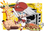  1boy :d baseball_bat baseball_cap baseball_uniform blush bread building chibi danganronpa_(series) danganronpa_v3:_killing_harmony food hat headphones highres hiyashi_men holding holding_baseball_bat k1-b0 layered_sleeves long_sleeves looking_at_viewer red_footwear red_headwear red_shirt shirt short_over_long_sleeves short_sleeves smile solo sportswear translation_request white_background white_shirt yellow_background 