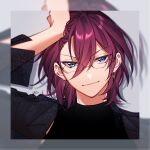  1boy black_shirt blue_eyes blurry_border closed_mouth ensemble_stars! floral_print floral_print_shirt glasses grey_background hand_on_own_head looking_at_viewer male_focus mcopoon purple_hair saegusa_ibara shirt short_hair signature smile solo turtleneck 