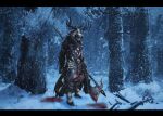  absurdres antlers armor basedbinkie black_pants blood blood_on_clothes branch coat forest forsworn full_body gloves greaves hat highres holding holding_weapon horns letterboxed long_sleeves nature original outdoors pants pine_tree skull snow snowing solo spikes standing the_elder_scrolls the_elder_scrolls_v:_skyrim tree weapon winter 