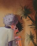  2boys against_wall black_hair blush collarbone gon_freecss highres hunter_x_hunter killua_zoldyck layered_sleeves long_sleeves looking_at_another male_child male_focus multiple_boys off_shoulder shirt short_hair short_over_long_sleeves short_sleeves white_hair white_shirt yaoi yunjik0617 