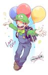  1boy ;d arms_up backpack bag balloon blue_background blue_eyes blue_overalls blue_pants bow bowtie brown_bag brown_footwear brown_hair buttons commentary_request confetti english_text facial_hair full_body gloves green_bow green_bowtie green_headwear green_shirt hat kayako_(bimabima) long_sleeves looking_at_viewer luigi male_focus mario_(series) mustache one_eye_closed open_mouth overalls pants shirt shoes short_hair simple_background smile solo teeth upper_teeth_only white_background white_gloves 