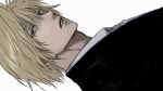  1other black_suit blonde_hair expressionless formal from_side grey_eyes hair_between_eyes highres hunter_x_hunter kurapika looking_at_viewer other_focus ra_yu shirt simple_background solo suit upper_body white_background white_shirt 