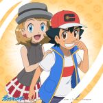 1boy 1girl :d ash_ketchum black_hair blonde_hair blue_eyes blue_vest brown_eyes earrings eyelashes grey_headwear grin hand_on_another&#039;s_shoulder hand_up hat jewelry looking_at_viewer mixed-language_commentary noelia_ponce open_clothes open_mouth open_vest pleated_skirt pokemon pokemon_(anime) pokemon_journeys red_headwear serena_(pokemon) shirt short_hair short_sleeves shorts skirt smile t-shirt teeth tongue vest watermark white_shirt 