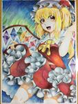  1girl 283win :d absurdres acrylic_paint_(medium) ascot blonde_hair commentary_request crystal flandre_scarlet frilled_skirt frills hat hat_ribbon highres long_hair looking_at_viewer mob_cap one_side_up open_mouth orange_eyes painting_(medium) photo_(medium) red_ribbon red_shirt red_skirt ribbon shikishi shirt short_sleeves sidelocks skirt smile solo teeth touhou traditional_media upper_teeth_only white_headwear wings yellow_ascot 