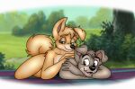  2023 5_fingers angel_(lady_and_the_tramp) anthro anthro_on_anthro black_nose canid canine canis casual_nudity day disney domestic_dog duo female fingers folwilliar fur grey_body grey_fur humanoid_hands hunting_dog lady_and_the_tramp lying male male/female mammal nature nude on_another on_front outdoor_nudity outside picnic_blanket pomeranian scamp_(lady_and_the_tramp) smile social_nudity spitz tan_body tan_fur teeth terrier tongue 