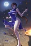  1girl absurdres arm_up bare_shoulders black_footwear blue_dress breasts brown_eyes brown_hair china_dress chinese_clothes clenched_hand collared_dress covered_nipples dress embers exploding_clothes fighting_stance fire forest full_body full_moon highres hong_xiu_ying large_breasts long_hair midriff_peek moon moonlight nature night night_sky open_hand open_mouth outdoors parted_bangs shenmue shenmue_ii shenmue_the_animation side_slit sidelocks signature sky solo thank_you thighs tile_floor tiles tomo_eokaiteru torn_clothes torn_dress underboob very_long_hair 