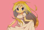  1girl alternate_costume artist_name blue_eyes closed_mouth dress long_hair looking_at_viewer pink_background pointy_ears princess_zelda short_sleeves simple_background smile the_legend_of_zelda the_legend_of_zelda:_spirit_tracks the_legend_of_zelda:_the_wind_waker tokuura toon_zelda very_long_hair white_dress 