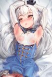  1girl armpits bed_sheet black_gloves breasts censored collarbone corset covered_nipples detached_sleeves fate/grand_order fate_(series) gloves heart heart-shaped_pupils heart_censor highres long_hair looking_at_viewer melusine_(fate) nipples no_panties padoruu see-through small_breasts solo sweat symbol-shaped_pupils white_hair white_sleeves yellow_eyes 