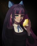  1girl absurdres black_dress black_hair blue_hair blue_ribbon bow breasts dress food fruit green_eyes hair_bow hexlaze highres holding holding_food holding_fruit large_breasts lemon long_hair looking_at_viewer neck_ribbon panty_&amp;_stocking_with_garterbelt pink_hair ribbon smile solo stocking_(psg) upper_body 