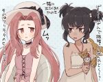  2girls anise_tatlin aomattya arietta_(tales) bare_shoulders black_choker black_hair black_ribbon blush_stickers brown_eyes choker closed_mouth double_bun food hair_bun hair_ornament hat hat_ribbon holding holding_food holding_ice_cream holding_innertube ice_cream innertube long_hair looking_at_another mieu_(tales) multiple_girls one-piece_swimsuit open_mouth parted_bangs pink_eyes pink_hair ribbon sidelocks stuffed_toy swimsuit tales_of_(series) tales_of_the_abyss tokunaga_(tales) translation_request upper_body white_headwear 