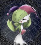  1girl ^_^ artist_name bob_cut closed_eyes clothed_pokemon colored_skin commentary_request facepaint facing_viewer flat_chest gardevoir green_hair green_skin grey_background grey_outline hair_over_one_eye hand_up happy hat highres jester_cap multicolored_clothes multicolored_headwear multicolored_skin one_eye_covered open_mouth pokemon pokemon_(creature) short_hair signature smile solo standing two-tone_skin white_skin yuri_(pixiv_76483886) 