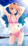  1girl :d armpits arms_up bikini blonde_hair blue_eyes blush breasts cloud day ex_idol eyewear_on_head hair_ornament hair_scrunchie highres indie_virtual_youtuber lens_flare looking_at_viewer nanase_crim navel open_mouth outdoors pink-framed_eyewear pink_bikini pink_scrunchie public_indecency public_nudity scrunchie side-tie_bikini_bottom side_ponytail small_breasts smile solo standing stomach sunglasses swimsuit wading 