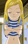  1girl animated animated_gif blonde_hair closed_eyes closed_mouth clothes_lift digimon digimon_frontier indoors lowres navel non-web_source orimoto_izumi shirt shirt_lift smile solo striped striped_shirt undressing 