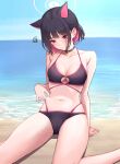  1girl absurdres animal_ears aoi_riko beach bikini black_bikini black_choker black_hair blue_archive blush breasts choker cleavage closed_mouth commentary_request day halo highres kazusa_(blue_archive) ocean outdoors pinching pink_hair red_eyes short_hair sitting solo squiggle swimsuit wet wet_hair 
