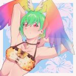  1girl bare_shoulders blue_background cellval choker flower green_hair hauru_252 head_wings highres kemono_friends kemono_friends_3 looking_at_viewer multicolored_hair navel red_eyes ribbon short_hair simple_background solo swimsuit upper_body wings 
