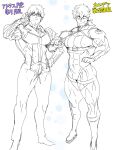  1boy alternate_muscle_size bara bespectacled bodysuit bulge clone facial_hair fate/grand_order fate_(series) glasses goatee greyscale hector_(fate) highres large_pectorals long_hair mabataki male_focus mature_male monochrome muscular muscular_male pants pectorals ponytail sketch spot_color standing thick_eyebrows thick_thighs thighs 