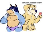  2023 absurd_res anthro anthro_on_anthro australian_cattle_dog balls bandit_heeler belly big_balls big_belly big_penis bird_dog bluey_(series) bulge canid canine canis cattledog chubby_anthro chubby_male clothed clothed/nude clothing condom dialogue domestic_dog duo english_text eyebrows flaccid foreskin fur genitals golden_retriever herding_dog hi_res holding_condom holding_object humanoid_genitalia humanoid_penis hunting_dog hyenamilkshake imminent_sex male male/male mammal moobs narrowed_eyes navel nipples nude pastoral_dog pat_(bluey) penis retriever sexual_barrier_device simple_background smile text topless topless_anthro topless_male tuft underwear underwear_only white_background 